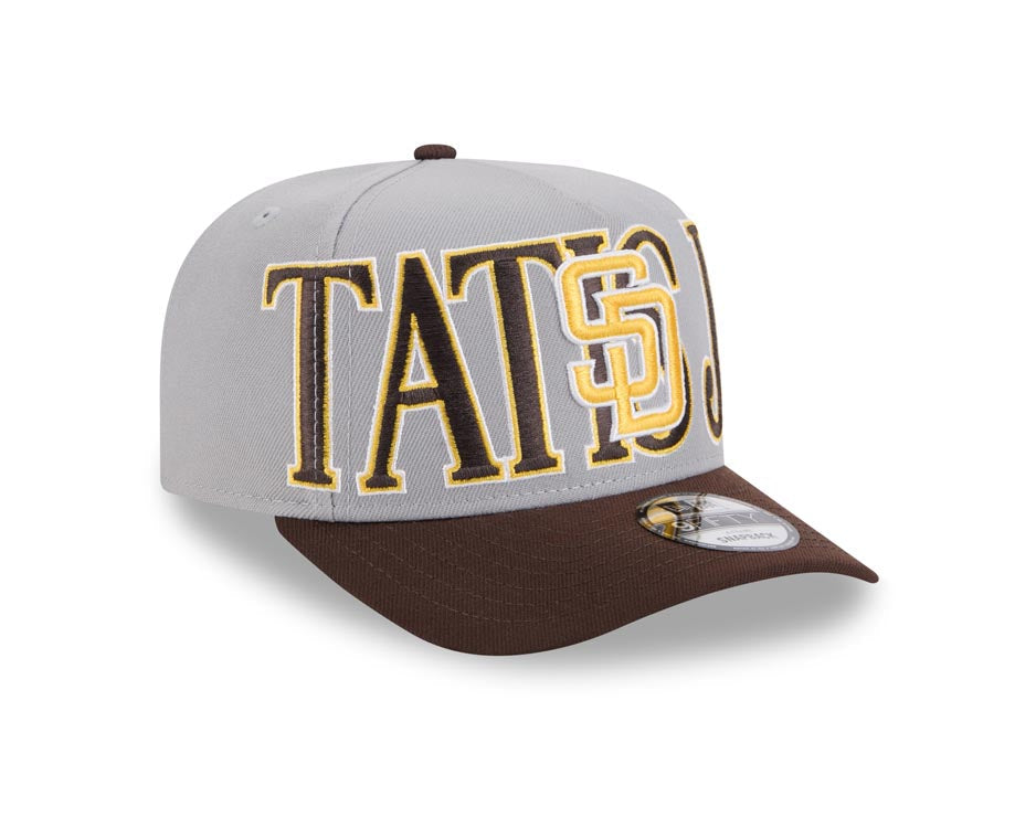 (Youth) San Diego Padres New Era MLB 9FIFTY 950 Kid Snapback A-Frame Cap Hat Gray Crown Brown Visor Yellow/White Logo Overlap Tatis Jr.