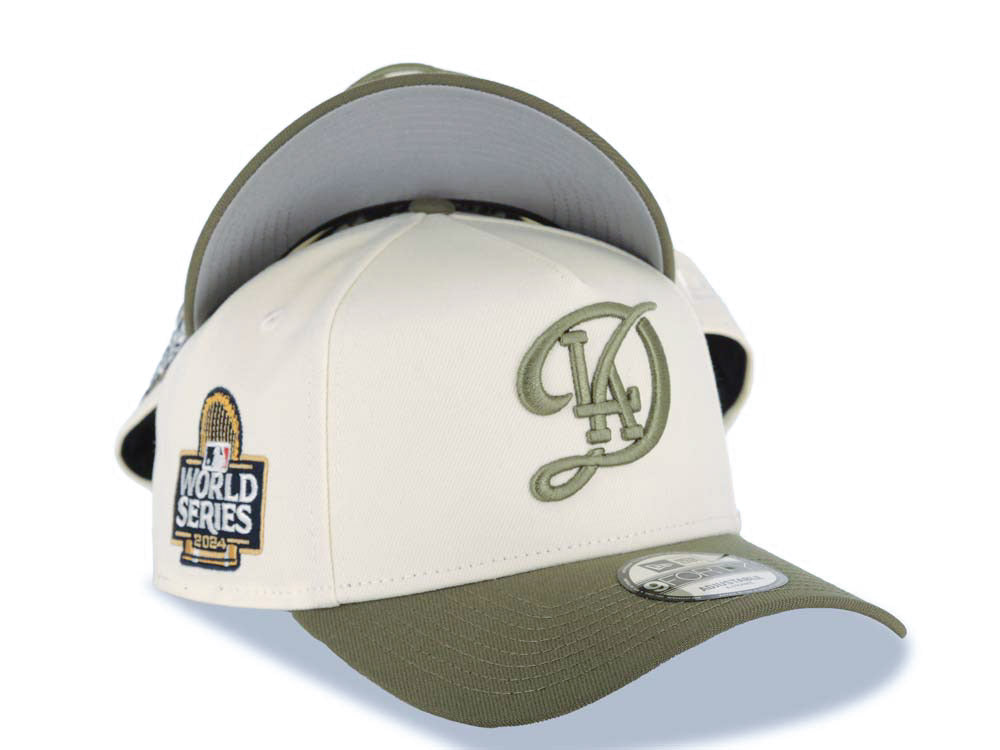 Los Angeles Dodgers New Era MLB 9FORTY 940 Adjustable A-Frame Cap Hat Cream Crown Green Visor Olive City Connect Logo 2024 World Series Side Patch
