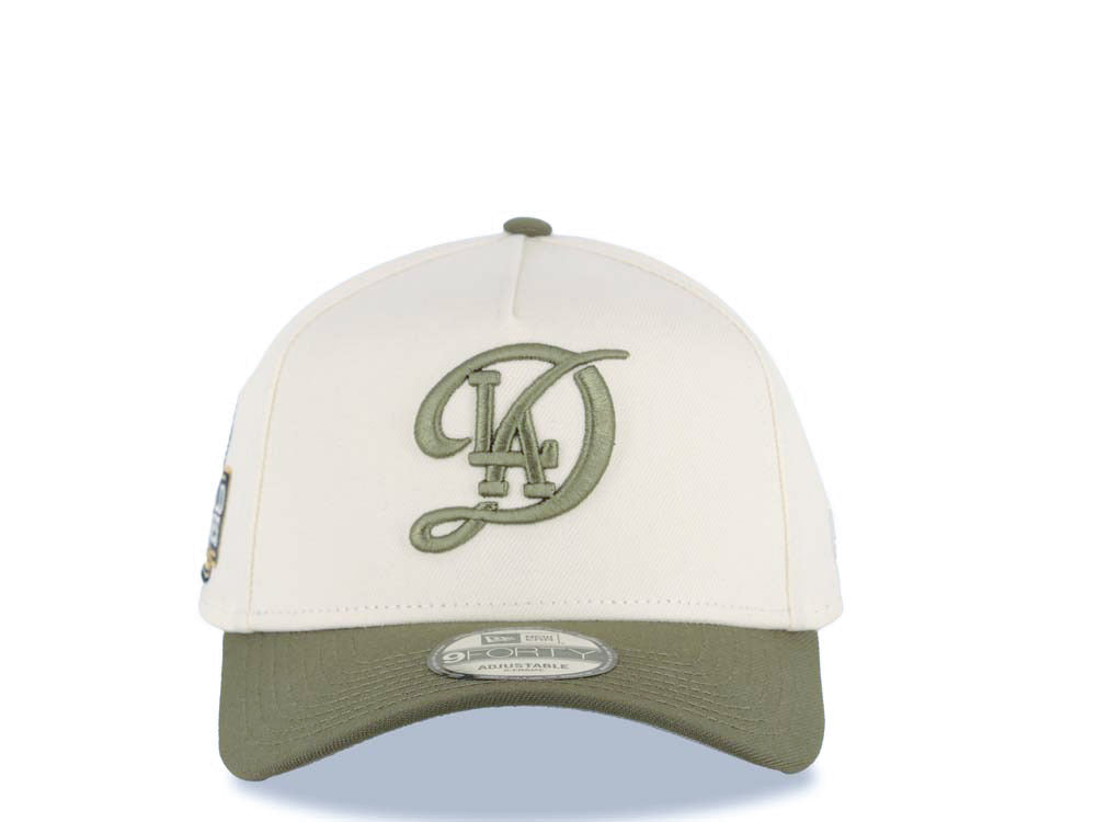 Los Angeles Dodgers New Era MLB 9FORTY 940 Adjustable A-Frame Cap Hat Cream Crown Green Visor Olive City Connect Logo 2024 World Series Side Patch