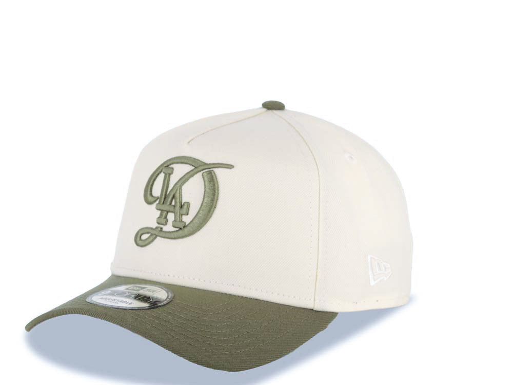 Los Angeles Dodgers New Era MLB 9FORTY 940 Adjustable A-Frame Cap Hat Cream Crown Green Visor Olive City Connect Logo 2024 World Series Side Patch
