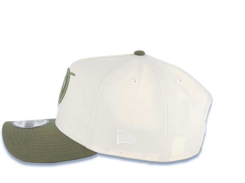 Los Angeles Dodgers New Era MLB 9FORTY 940 Adjustable A-Frame Cap Hat Cream Crown Green Visor Olive City Connect Logo 2024 World Series Side Patch