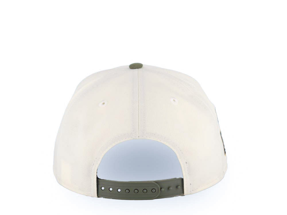 Los Angeles Dodgers New Era MLB 9FORTY 940 Adjustable A-Frame Cap Hat Cream Crown Green Visor Olive City Connect Logo 2024 World Series Side Patch