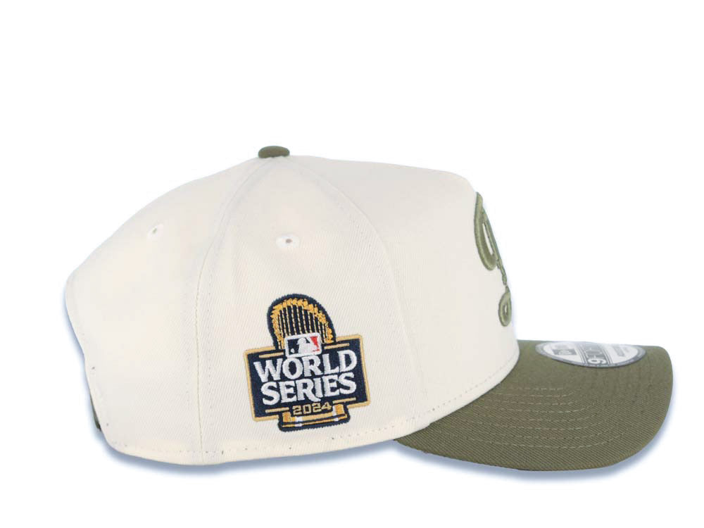 Los Angeles Dodgers New Era MLB 9FORTY 940 Adjustable A-Frame Cap Hat Cream Crown Green Visor Olive City Connect Logo 2024 World Series Side Patch