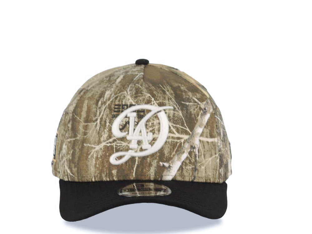 Los Angeles Dodgers New Era MLB 9FORTY 940 Adjustable A-Frame Cap Hat Real Tree Edge Camo Crown Black Visor White Logo 2024 World Series Patch