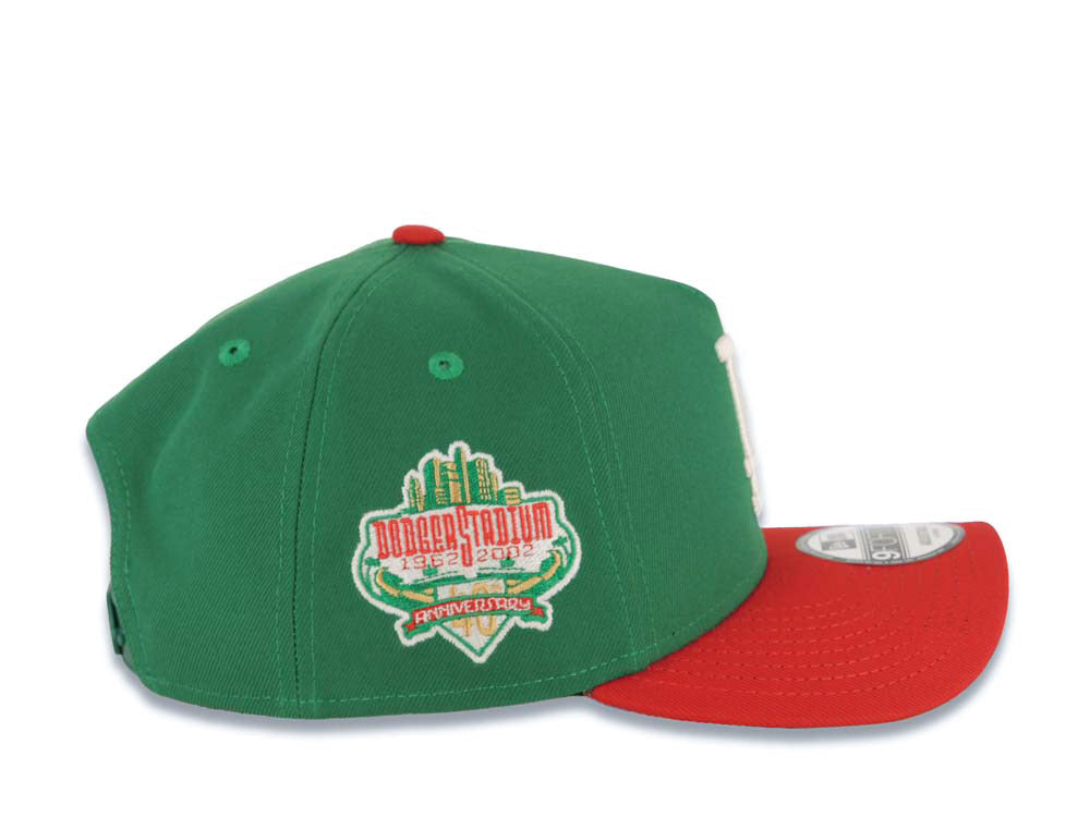 Los Angeles Dodgers New Era MLB 9FORTY 940 Adjustable A-Frame Cap Hat Green Crown Red Visor White Logo 40th Anniversary Stadium Side Patch