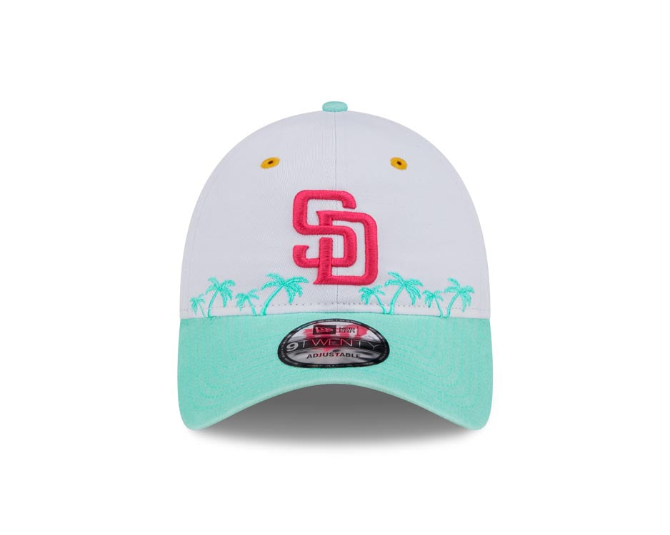 San Diego Padres New Era MLB 9TWENTY 920 Adjustable Cap Hat White Crown Teal Visor Magenta Logo Swinging Friar Side Patch (City Connect)