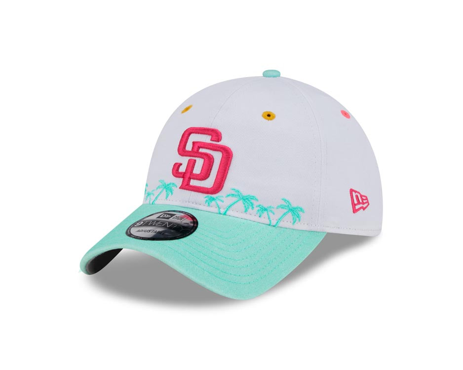 San Diego Padres New Era MLB 9TWENTY 920 Adjustable Cap Hat White Crown Teal Visor Magenta Logo Swinging Friar Side Patch (City Connect)
