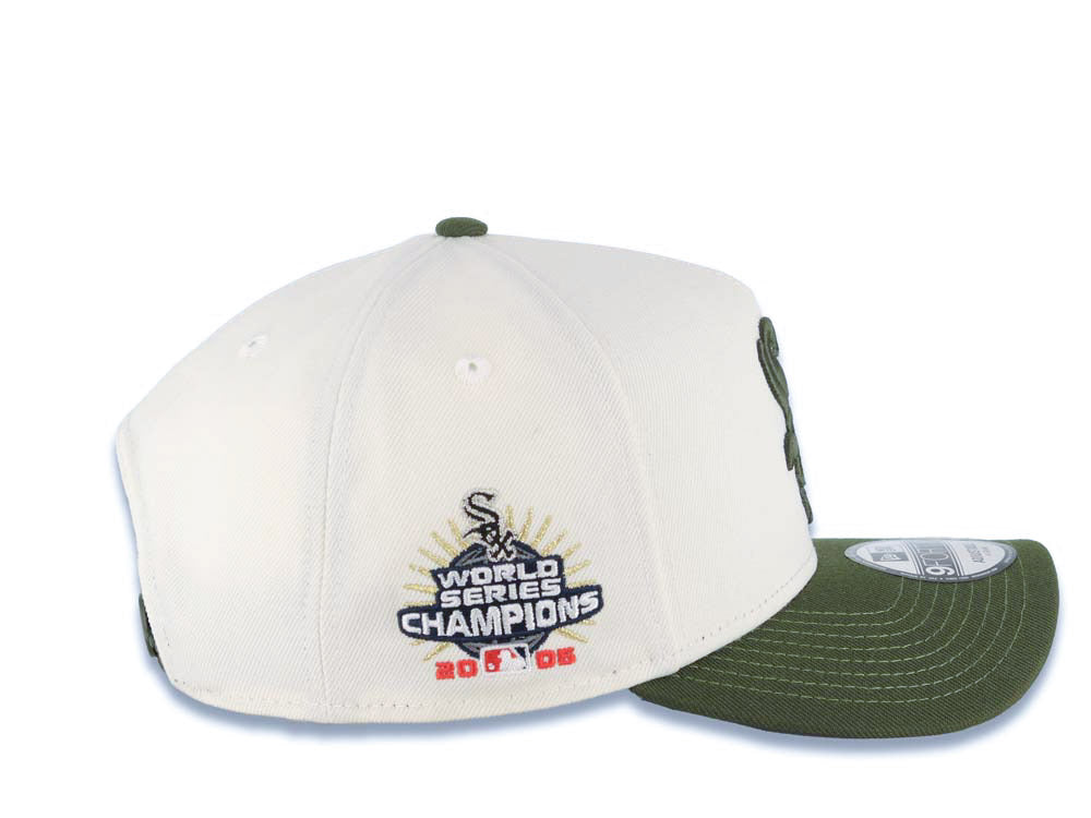 Chicago White Sox New Era MLB 9FORTY 940 Adjustable A-Frame Cap Hat Cream Crown Olive Visor Olive Green Logo 2005 World Series Champions Side Patch