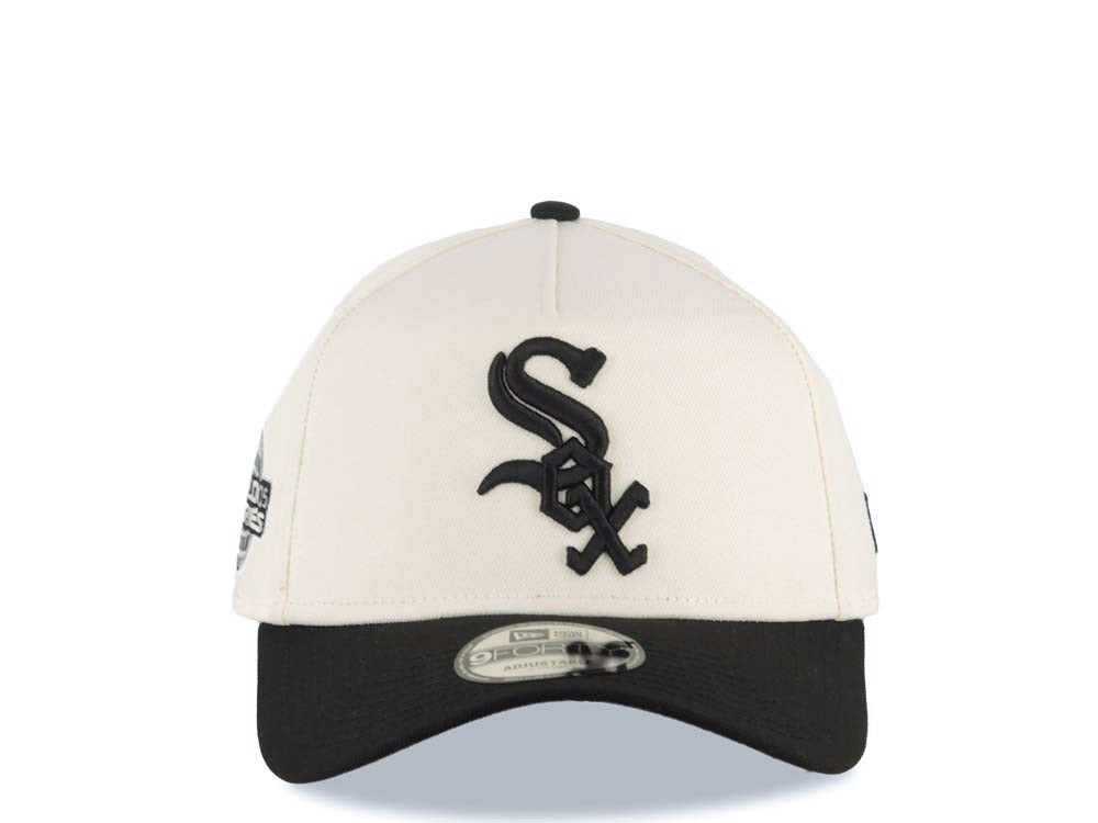 Chicago White Sox New Era MLB 9FORTY 940 Adjustable A-Frame Cap Hat Cream Crown Black Visor Black Logo 2005 World Series Side Patch