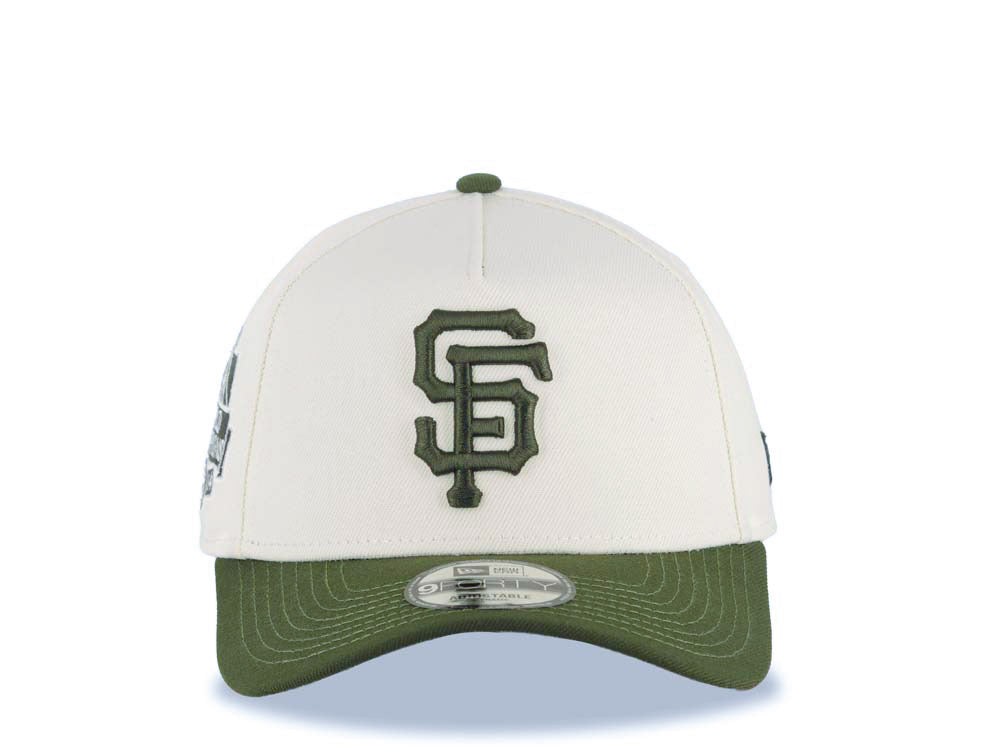 San Francisco Giants New Era 9FORTY 940 Adjustable A-Frame Cap Hat Cream Crown Olive Green Visor Olive Green Logo 2014 World Champions Side Patch