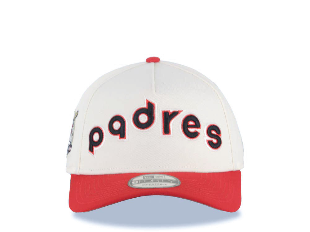 San Diego Padres New Era MLB 9FORTY 940 Adjustable A-Frame Cap Hat Cream Crown Red Visor Black/Red Script/Text Logo 40th Anniversary Side Patch Gray UV