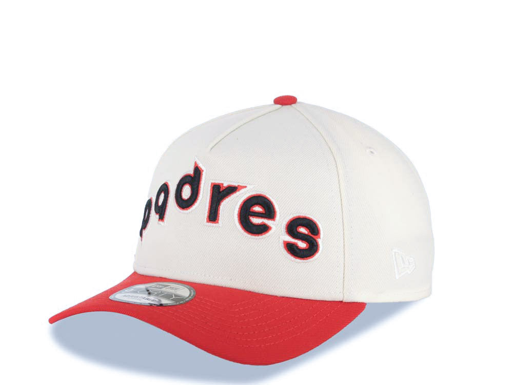 San Diego Padres New Era MLB 9FORTY 940 Adjustable A-Frame Cap Hat Cream Crown Red Visor Black/Red Script/Text Logo 40th Anniversary Side Patch Gray UV