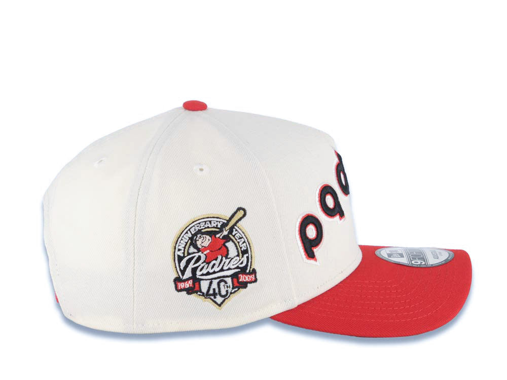 San Diego Padres New Era MLB 9FORTY 940 Adjustable A-Frame Cap Hat Cream Crown Red Visor Black/Red Script/Text Logo 40th Anniversary Side Patch Gray UV