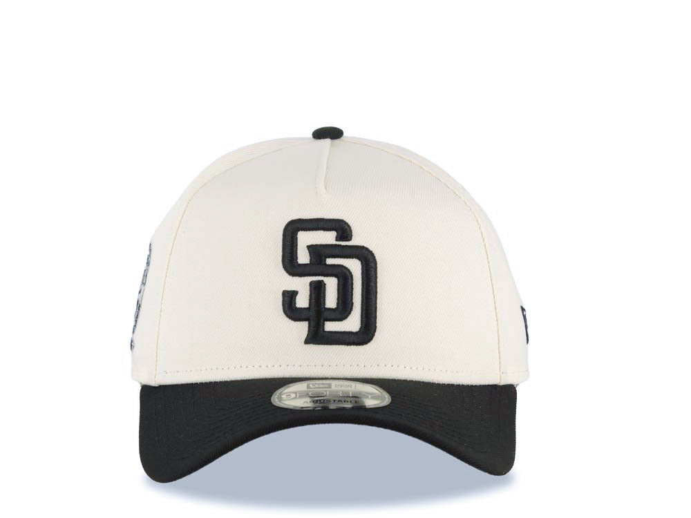 San Diego Padres New Era MLB 9FORTY 940 Adjustable A-Frame Cap Hat Cream Crown Black Visor Black Logo 25th Anniversary Side Patch Gray UV