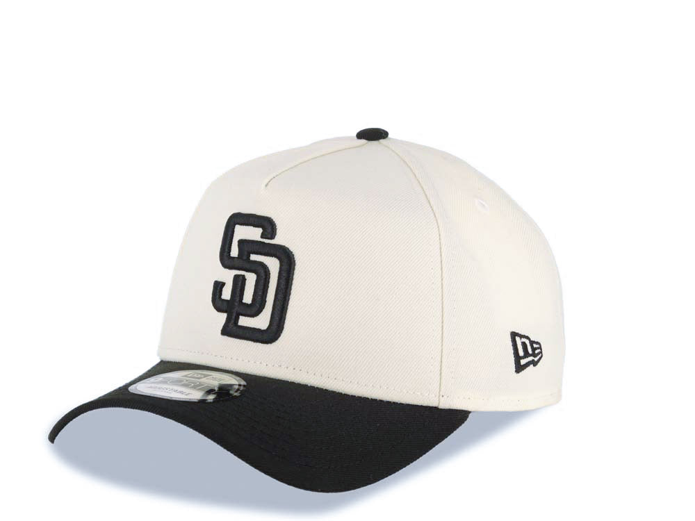 San Diego Padres New Era MLB 9FORTY 940 Adjustable A-Frame Cap Hat Cream Crown Black Visor Black Logo 25th Anniversary Side Patch Gray UV