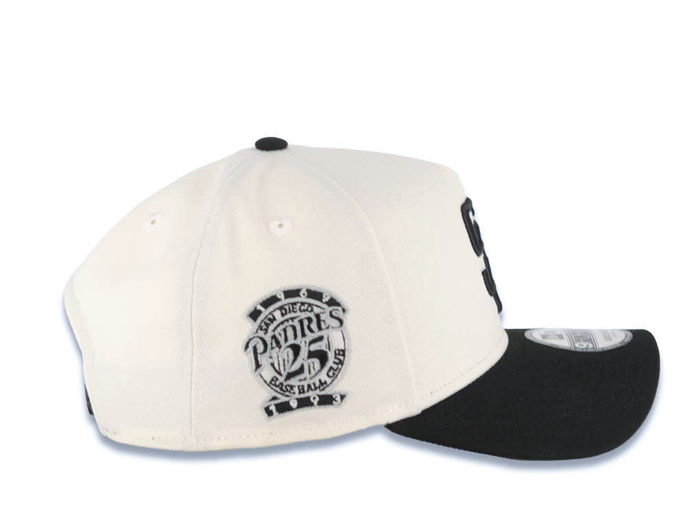 San Diego Padres New Era MLB 9FORTY 940 Adjustable A-Frame Cap Hat Cream Crown Black Visor Black Logo 25th Anniversary Side Patch Gray UV
