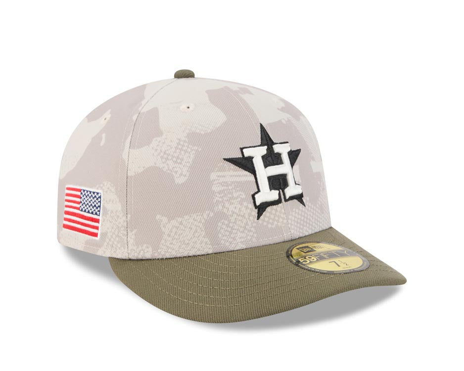 Houston Astros New Era MLB 59FIFTY 5950 Fitted Cap Hat White Camo Crown Olive Green Visor White/Black Logo (2025 Armed Forces Day)