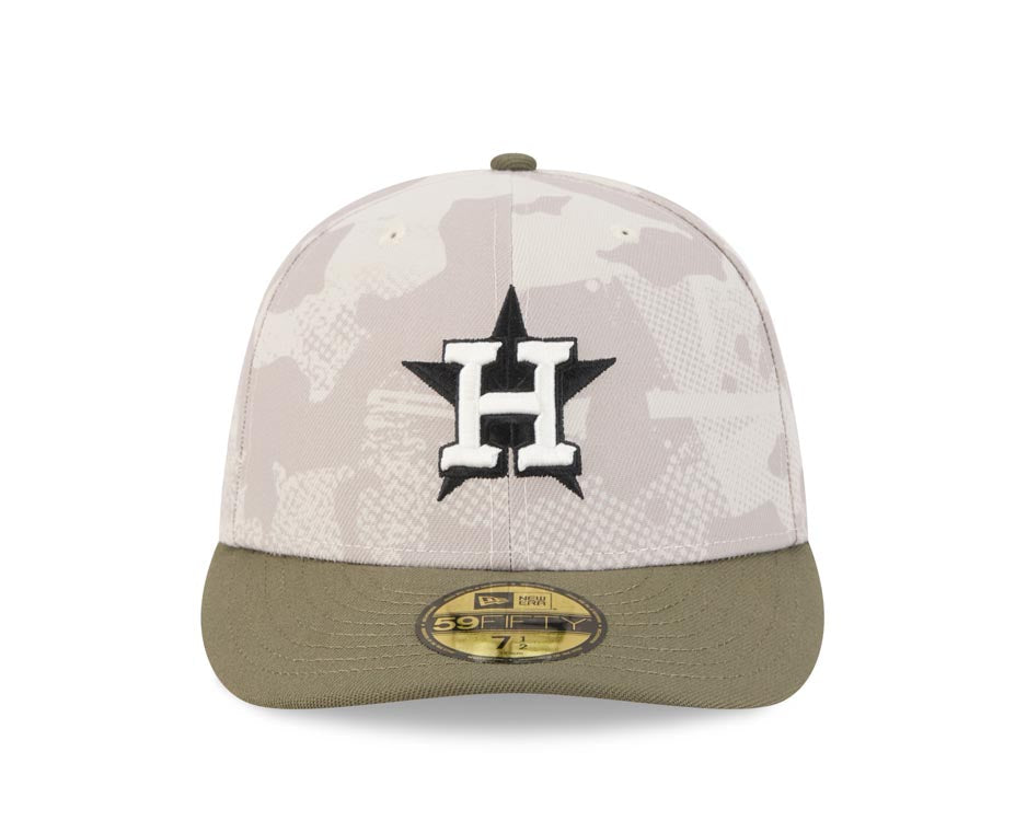 Houston Astros New Era MLB 59FIFTY 5950 Fitted Cap Hat White Camo Crown Olive Green Visor White/Black Logo (2025 Armed Forces Day)