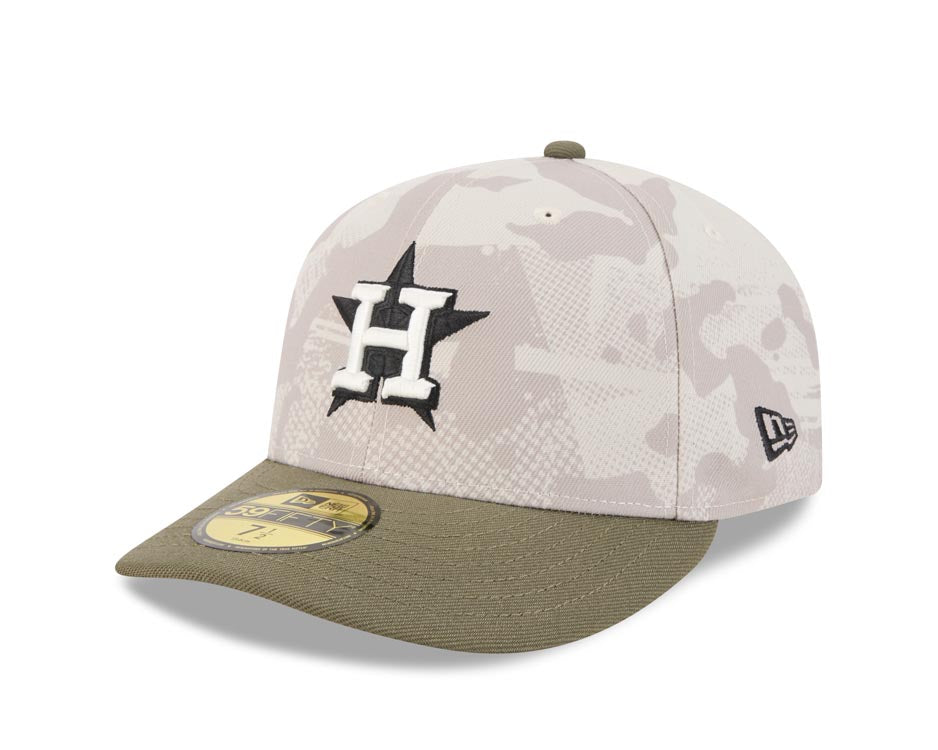 Houston Astros New Era MLB 59FIFTY 5950 Fitted Cap Hat White Camo Crown Olive Green Visor White/Black Logo (2025 Armed Forces Day)