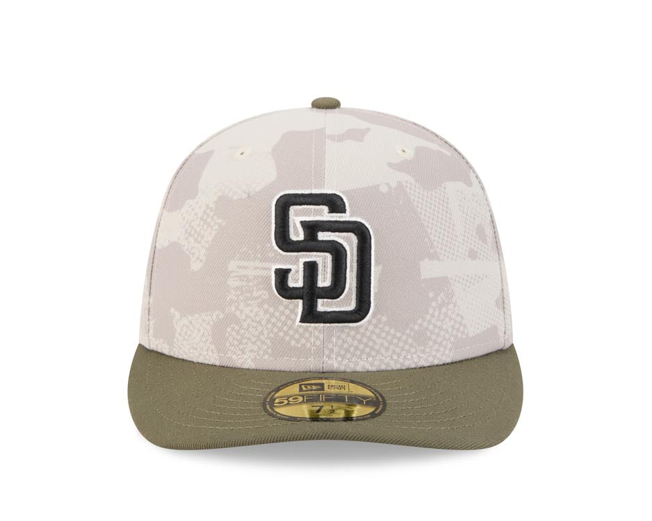 San Diego Padres New Era MLB 59FIFTY 5950 Fitted Cap Hat White Camo Crown Olive Green Visor Black/White Logo (2025 Armed Forces Day)