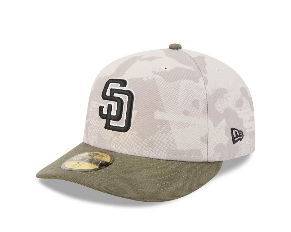 San Diego Padres New Era MLB 59FIFTY 5950 Fitted Cap Hat White Camo Crown Olive Green Visor Black/White Logo (2025 Armed Forces Day)