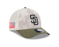 San Diego Padres New Era MLB 9FORTY 940 Adjustable M-Crown Mesh Cap Hat White Camo Crown Olive Green Visor Black/White Logo (2025 Armed Forces Day)