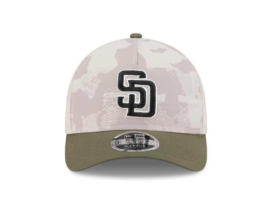 San Diego Padres New Era MLB 9FORTY 940 Adjustable M-Crown Mesh Cap Hat White Camo Crown Olive Green Visor Black/White Logo (2025 Armed Forces Day)