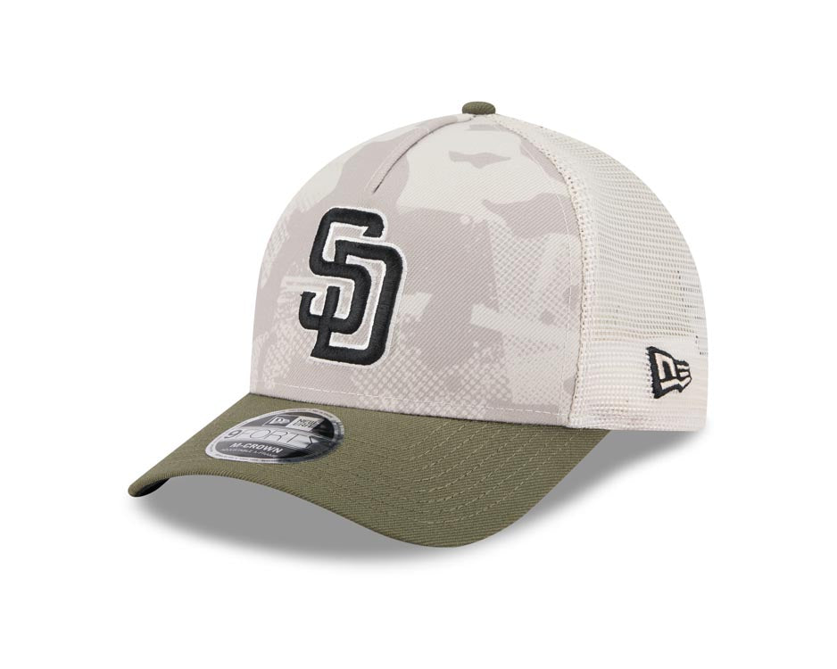 San Diego Padres New Era MLB 9FORTY 940 Adjustable M-Crown Mesh Cap Hat White Camo Crown Olive Green Visor Black/White Logo (2025 Armed Forces Day)