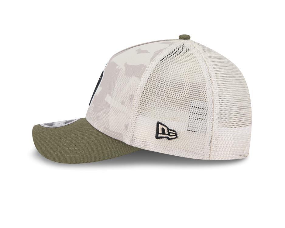 San Diego Padres New Era MLB 9FORTY 940 Adjustable M-Crown Mesh Cap Hat White Camo Crown Olive Green Visor Black/White Logo (2025 Armed Forces Day)