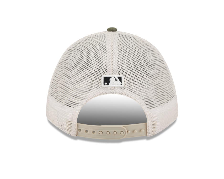 San Diego Padres New Era MLB 9FORTY 940 Adjustable M-Crown Mesh Cap Hat White Camo Crown Olive Green Visor Black/White Logo (2025 Armed Forces Day)