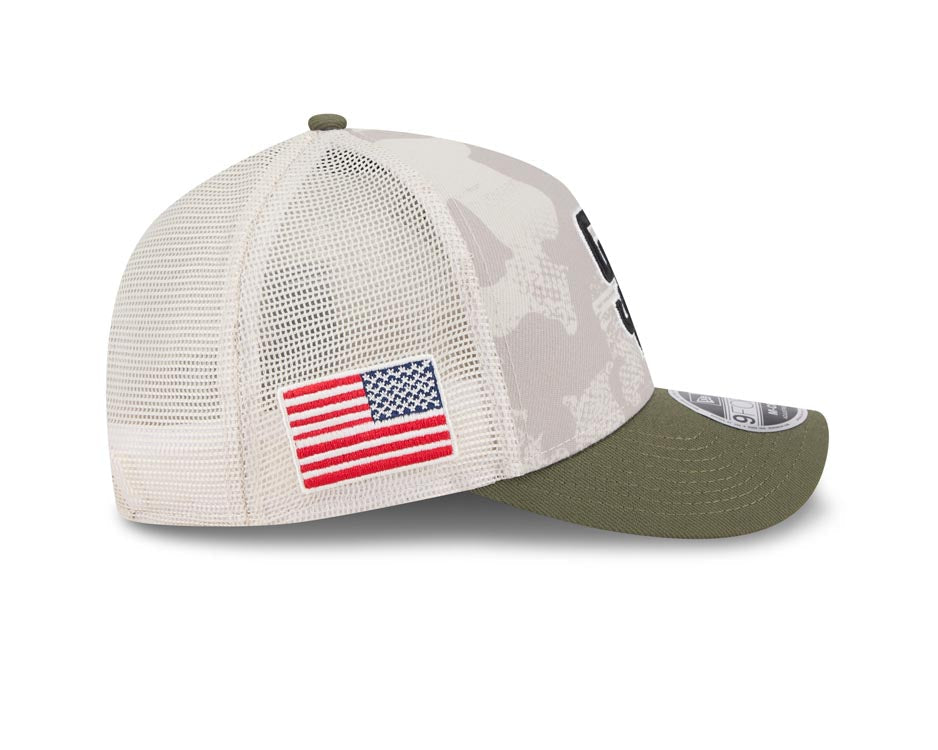 San Diego Padres New Era MLB 9FORTY 940 Adjustable M-Crown Mesh Cap Hat White Camo Crown Olive Green Visor Black/White Logo (2025 Armed Forces Day)