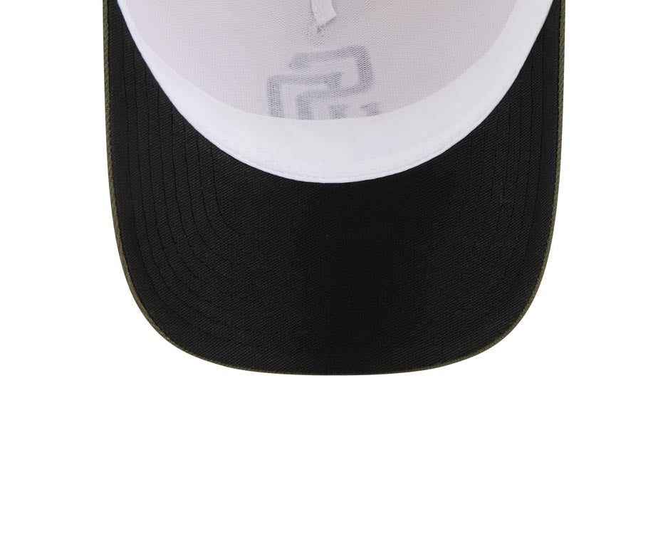 San Diego Padres New Era MLB 9FORTY 940 Adjustable M-Crown Mesh Cap Hat White Camo Crown Olive Green Visor Black/White Logo (2025 Armed Forces Day)