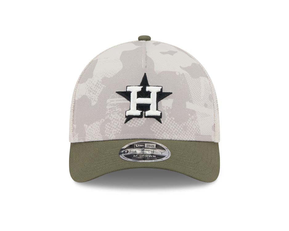 Houston Astros New Era MLB 9FORTY 940 Adjustable Mesh M-Crown Cap Hat White Camo Crown Olive Green Visor White/Black Logo (2025 Armed Forces Day)