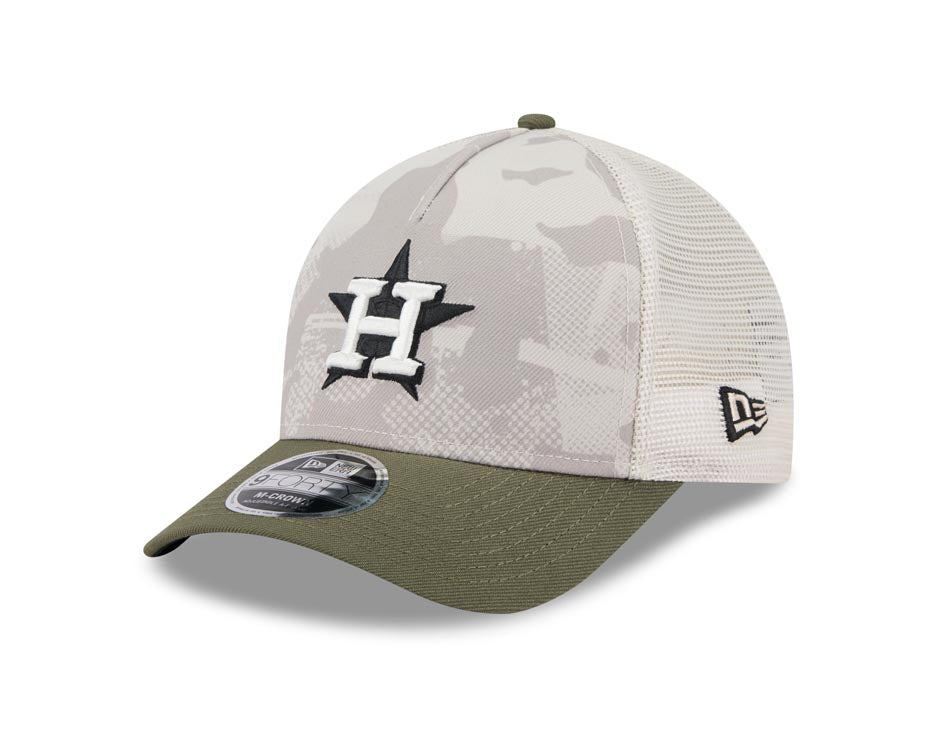 Houston Astros New Era MLB 9FORTY 940 Adjustable Mesh M-Crown Cap Hat White Camo Crown Olive Green Visor White/Black Logo (2025 Armed Forces Day)