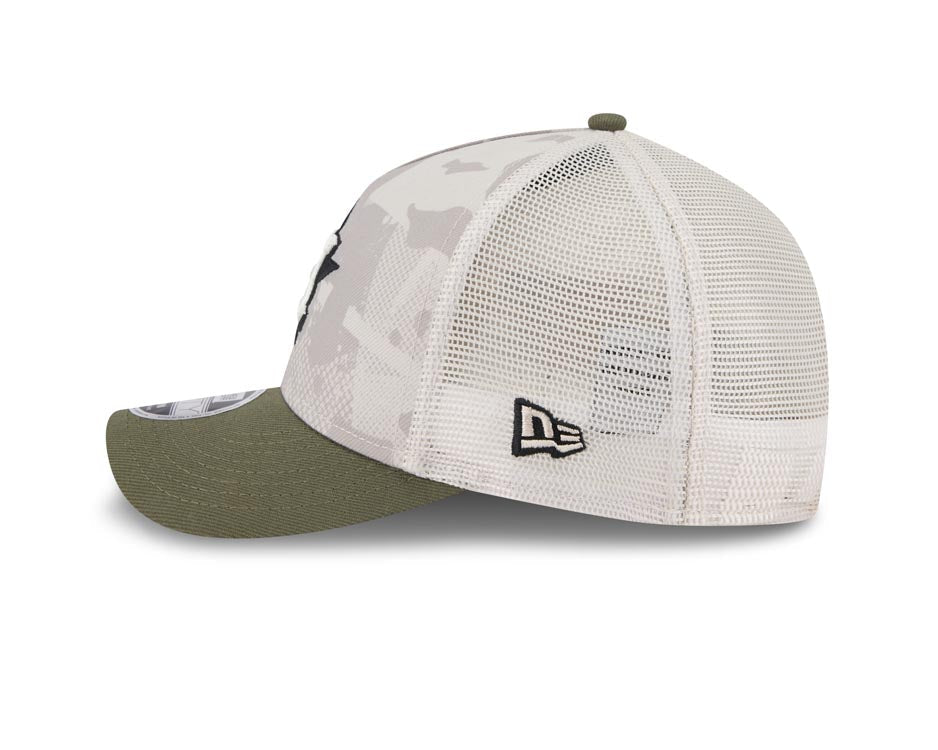 Houston Astros New Era MLB 9FORTY 940 Adjustable Mesh M-Crown Cap Hat White Camo Crown Olive Green Visor White/Black Logo (2025 Armed Forces Day)