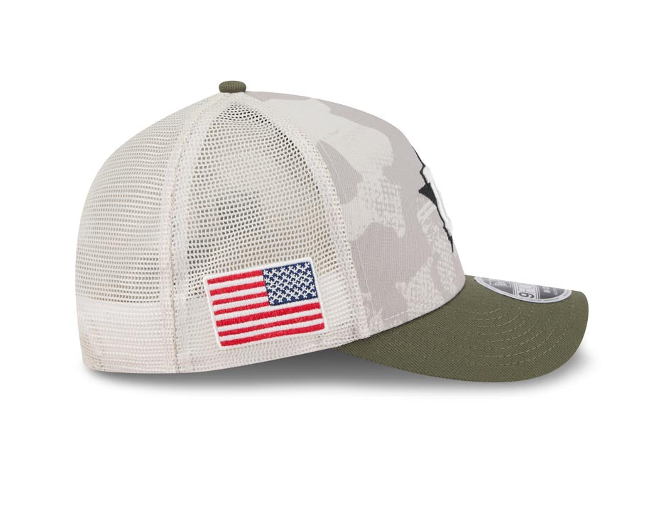 Houston Astros New Era MLB 9FORTY 940 Adjustable Mesh M-Crown Cap Hat White Camo Crown Olive Green Visor White/Black Logo (2025 Armed Forces Day)