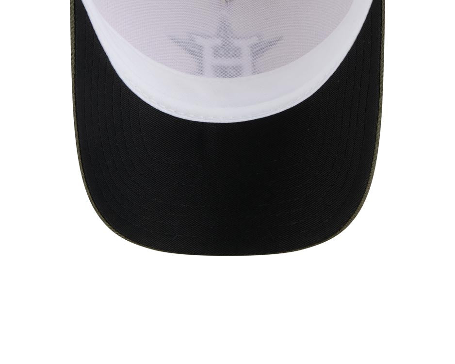 Houston Astros New Era MLB 9FORTY 940 Adjustable Mesh M-Crown Cap Hat White Camo Crown Olive Green Visor White/Black Logo (2025 Armed Forces Day)