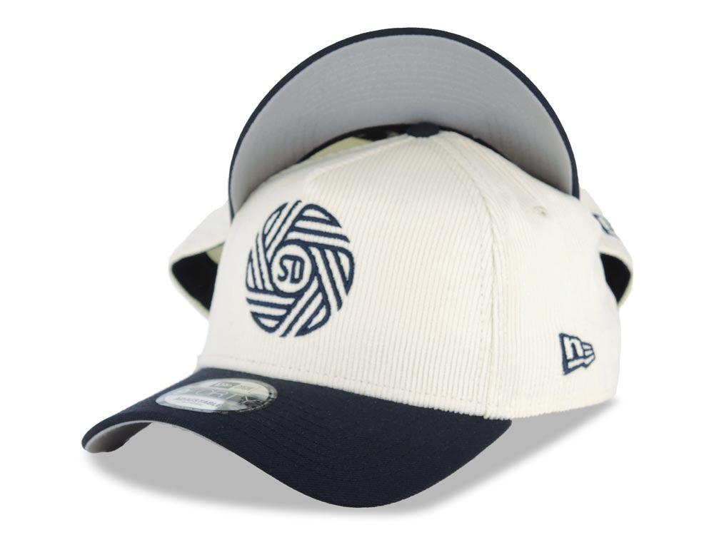 (Corduroy Crown) San Diego FC New Era MLS 9FORTY 940 Adjustable A-Frame Cap Hat Cream Crown Navy Blue Visor Navy Blue Logo