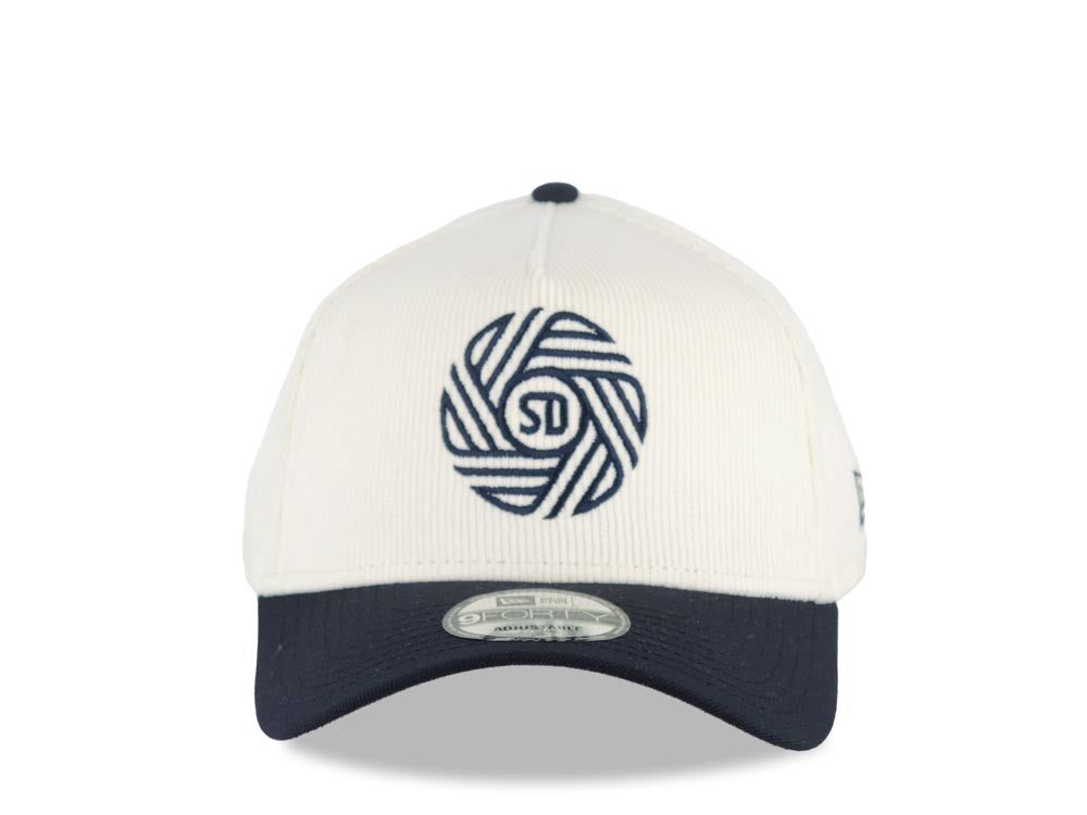 (Corduroy Crown) San Diego FC New Era MLS 9FORTY 940 Adjustable A-Frame Cap Hat Cream Crown Navy Blue Visor Navy Blue Logo
