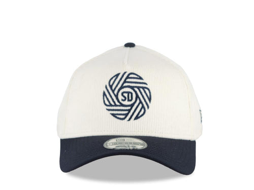 (Corduroy Crown) San Diego FC New Era MLS 9FORTY 940 Adjustable A-Frame Cap Hat Cream Crown Navy Blue Visor Navy Blue Logo