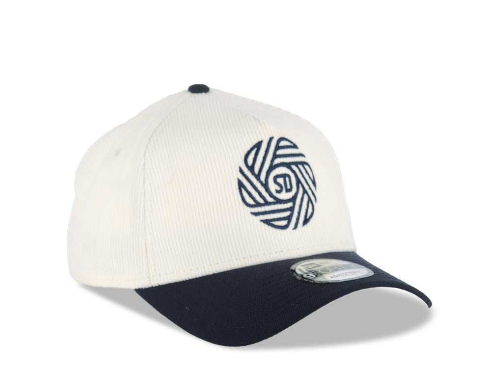 (Corduroy Crown) San Diego FC New Era MLS 9FORTY 940 Adjustable A-Frame Cap Hat Cream Crown Navy Blue Visor Navy Blue Logo