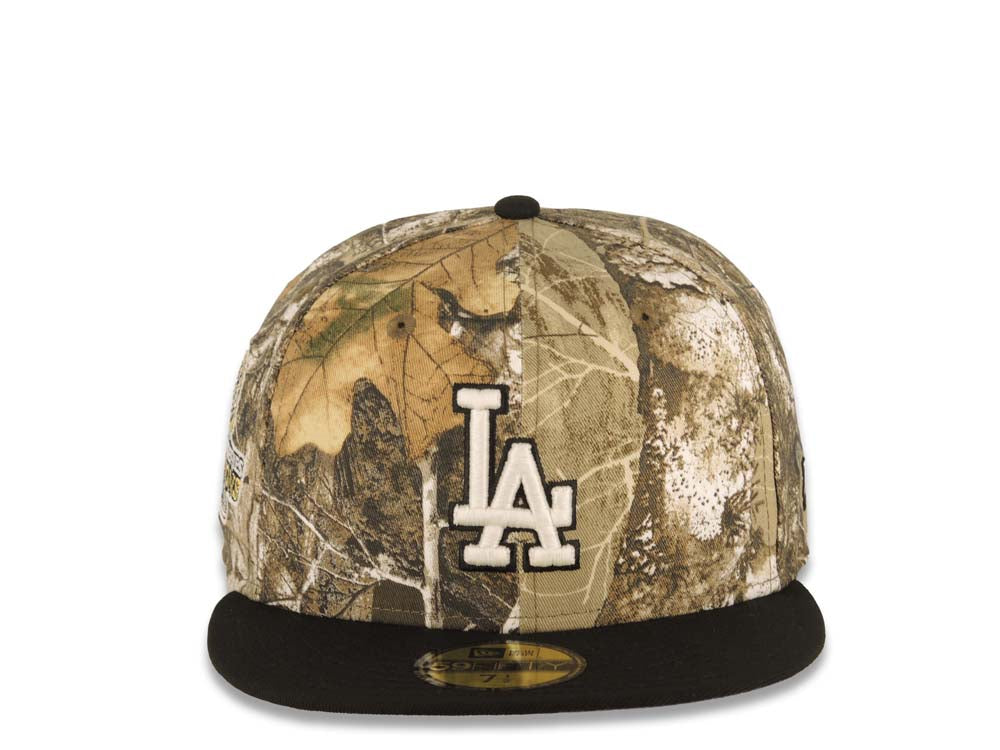 Los Angeles Dodgers New Era MLB 59FIFTY 5950 Fitted Cap Hat Real Tree Edge Camo Crown Black Visor White/Black Logo 2024 World Series Champions Side Patch