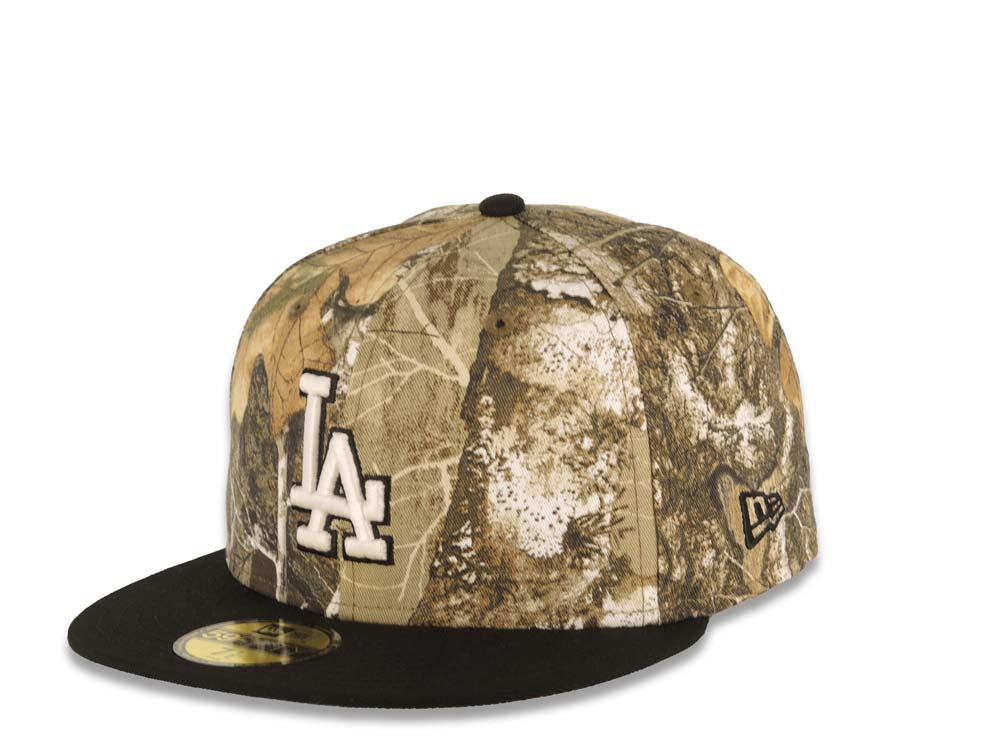 Los Angeles Dodgers New Era MLB 59FIFTY 5950 Fitted Cap Hat Real Tree Edge Camo Crown Black Visor White/Black Logo 2024 World Series Champions Side Patch