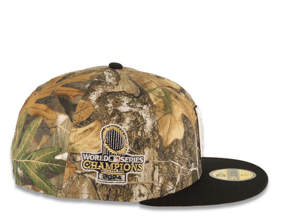 Los Angeles Dodgers New Era MLB 59FIFTY 5950 Fitted Cap Hat Real Tree Edge Camo Crown Black Visor White/Black Logo 2024 World Series Champions Side Patch