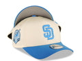 San Diego Padres New Era MLB 9FORTY 940 Adjustable A-Frame Cap Hat Cream Crown Light Blue Visor Blue Logo 40th Anniversary Side Patch Gray UV