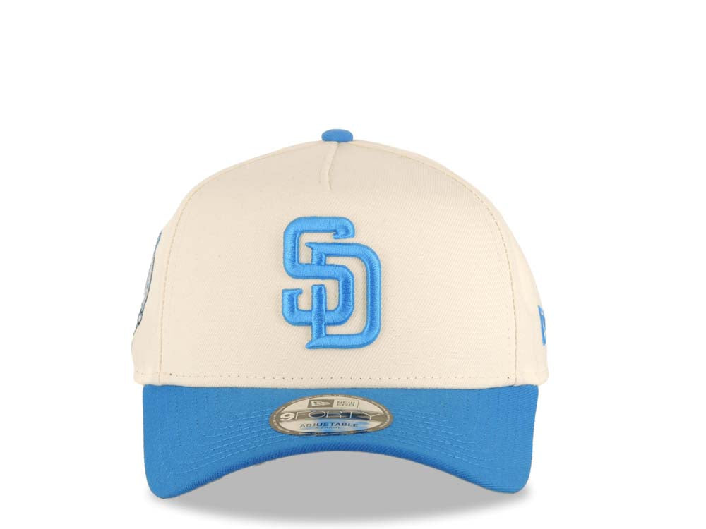 San Diego Padres New Era MLB 9FORTY 940 Adjustable A-Frame Cap Hat Cream Crown Light Blue Visor Blue Logo 40th Anniversary Side Patch Gray UV