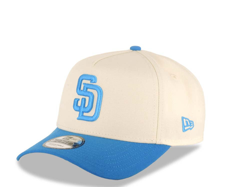 San Diego Padres New Era MLB 9FORTY 940 Adjustable A-Frame Cap Hat Cream Crown Light Blue Visor Blue Logo 40th Anniversary Side Patch Gray UV