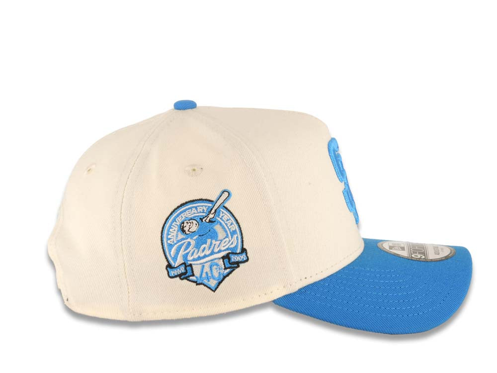 San Diego Padres New Era MLB 9FORTY 940 Adjustable A-Frame Cap Hat Cream Crown Light Blue Visor Blue Logo 40th Anniversary Side Patch Gray UV