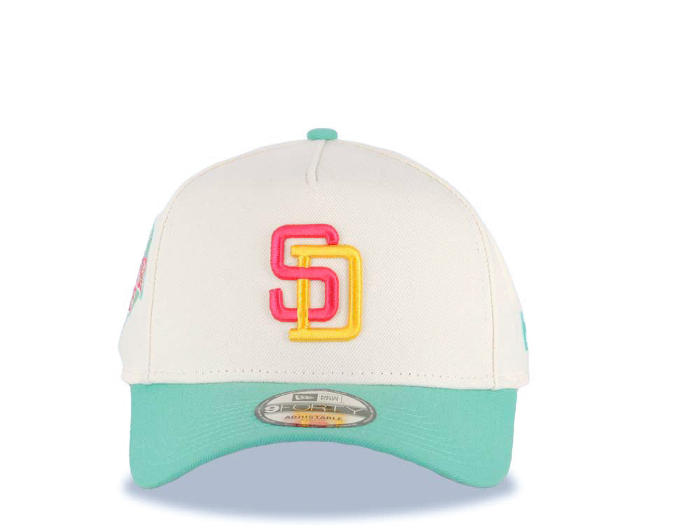 San Diego Padres New Era MLB 9FORTY 940 Adjustable A-Frame Cap Hat Cream Crown Light Teal Visor Magenta/Yellow Logo 1992 All-Star Game Side Patch
