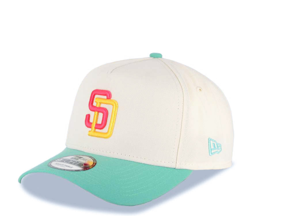 San Diego Padres New Era MLB 9FORTY 940 Adjustable A-Frame Cap Hat Cream Crown Light Teal Visor Magenta/Yellow Logo 1992 All-Star Game Side Patch